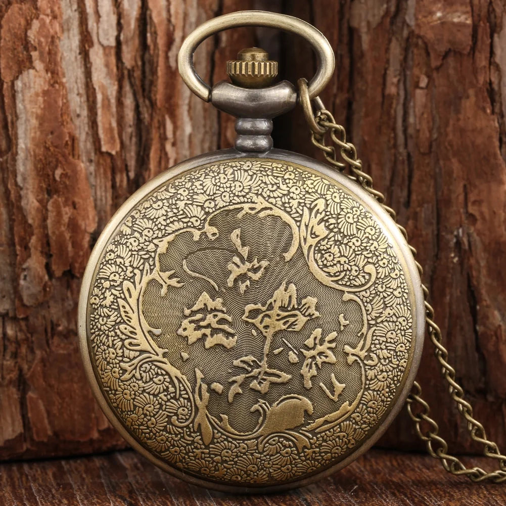 Vintage Elephant Engraved Bronze Quartz Pocket Watch Necklace