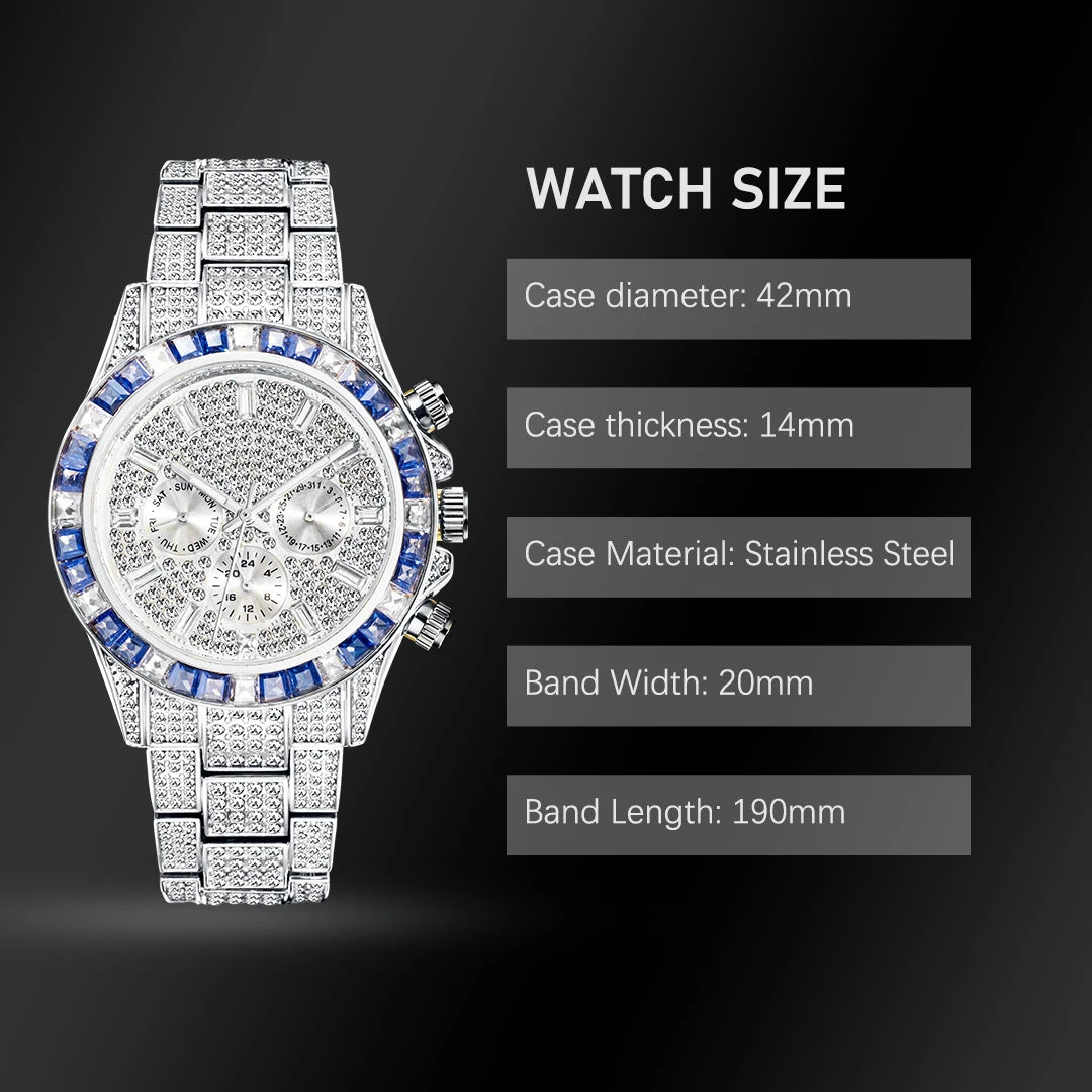 MISSFOX Hip Hop Calendar Watch For Men Stylsih Ice Out Green Diamond Male Watches Automatic Date Waterproof Hand Clock 2022 New