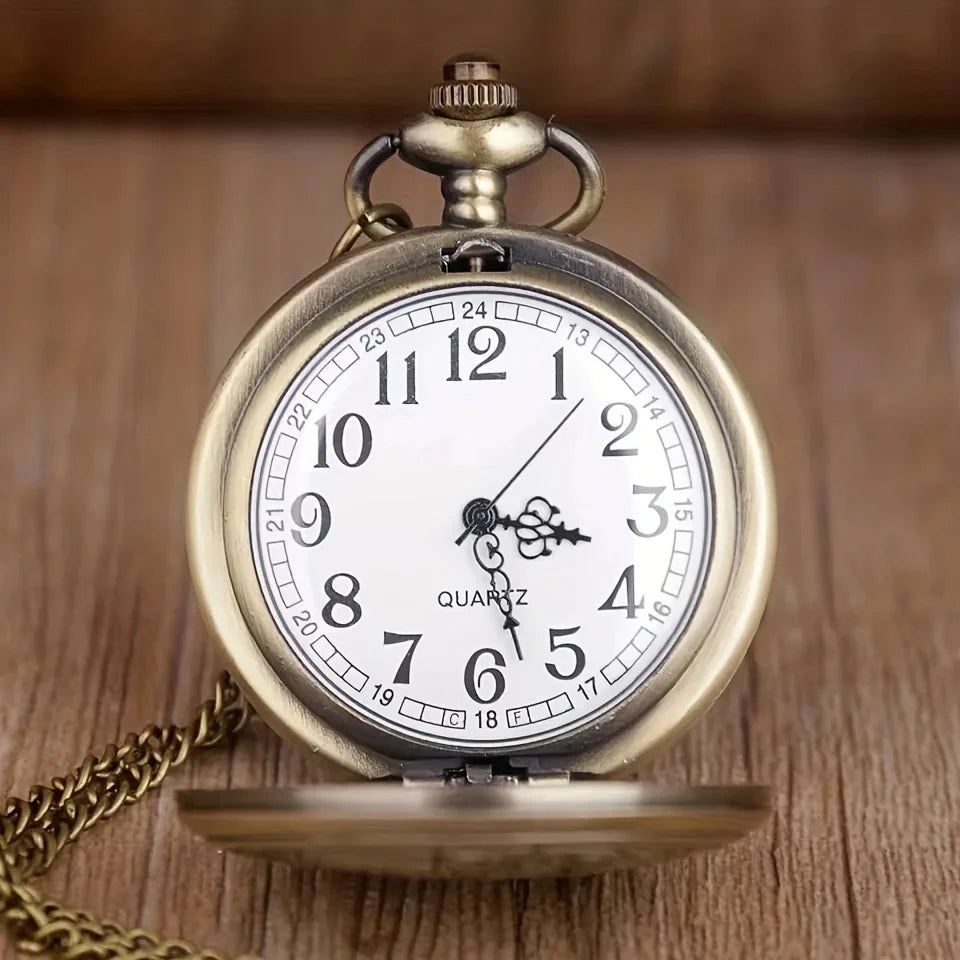 Vintage Elephant Engraved Bronze Quartz Pocket Watch Necklace
