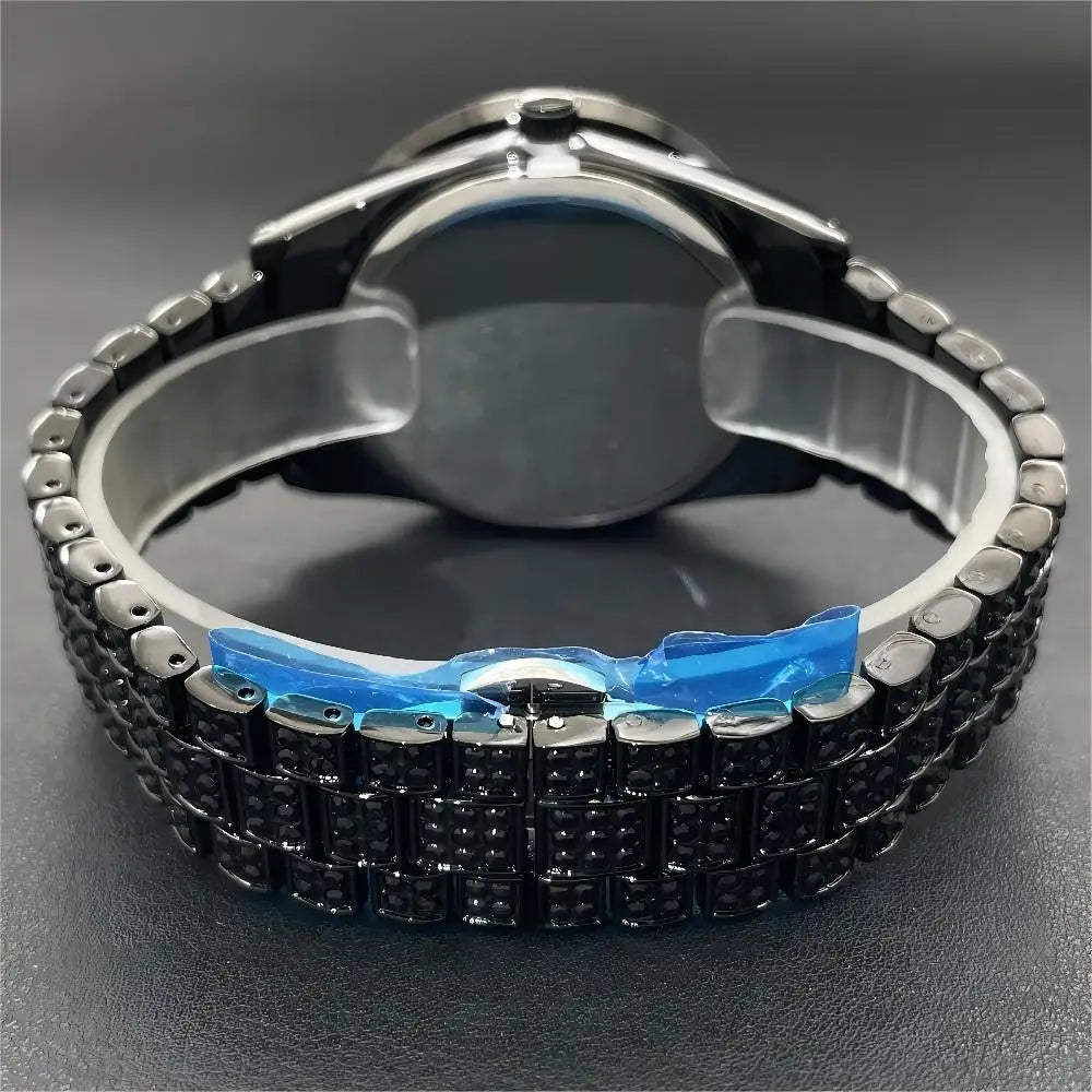 2024 MISSFOX Green Watch For Men Fashion Iced Out Quartz Clock Man Hip Hop Black Diamond Auto Date WristWatch Reloj Dropshipping