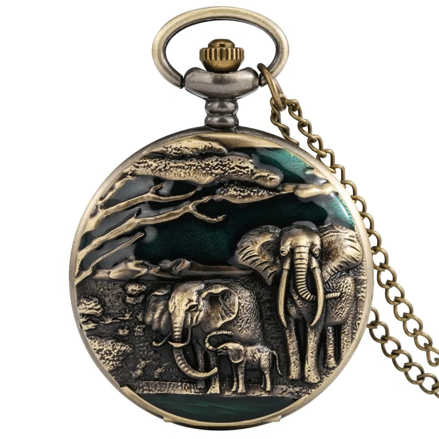 Vintage Elephant Engraved Bronze Quartz Pocket Watch Necklace