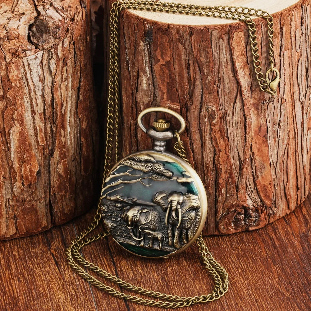 Vintage Elephant Engraved Bronze Quartz Pocket Watch Necklace
