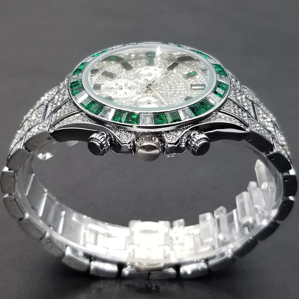 MISSFOX Hip Hop Calendar Watch For Men Stylsih Ice Out Green Diamond Male Watches Automatic Date Waterproof Hand Clock 2022 New