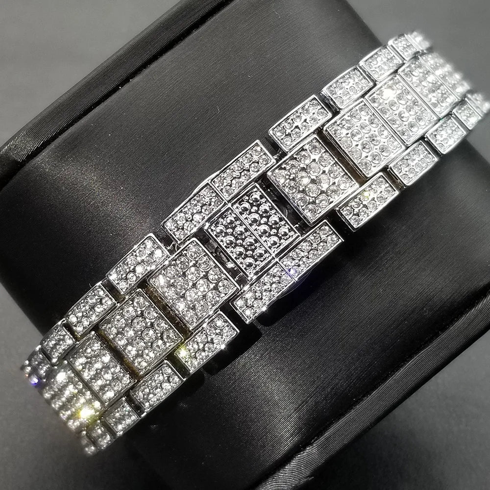 MISSFOX Hip Hop Calendar Watch For Men Stylsih Ice Out Green Diamond Male Watches Automatic Date Waterproof Hand Clock 2022 New