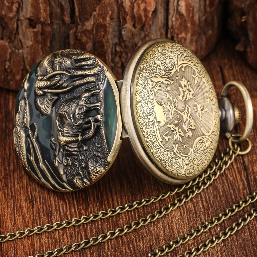 Vintage Elephant Engraved Bronze Quartz Pocket Watch Necklace