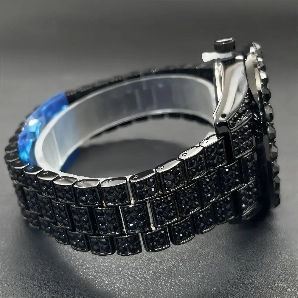 2024 MISSFOX Green Watch For Men Fashion Iced Out Quartz Clock Man Hip Hop Black Diamond Auto Date WristWatch Reloj Dropshipping