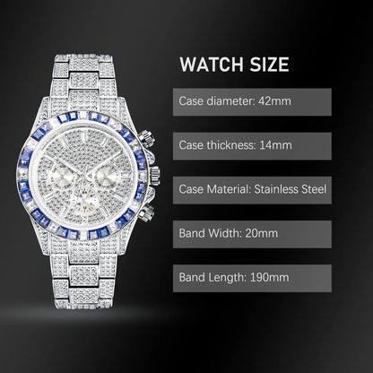 MISSFOX Hip Hop Calendar Watch For Men Stylsih Ice Out Green Diamond Male Watches Automatic Date Waterproof Hand Clock 2022 New