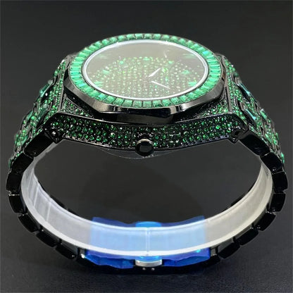 Luxury Men Watches Personalized Green Blingbling Full Diamond Quartz Watch Fashion Ice Out Male Wristwatch Best Sale For Gift