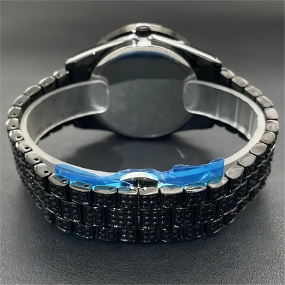 2024 MISSFOX Green Watch For Men Fashion Iced Out Quartz Clock Man Hip Hop Black Diamond Auto Date WristWatch Reloj Dropshipping