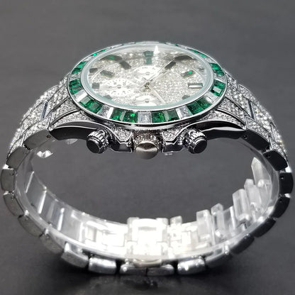 MISSFOX Hip Hop Calendar Watch For Men Stylsih Ice Out Green Diamond Male Watches Automatic Date Waterproof Hand Clock 2022 New