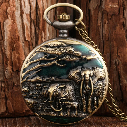 Vintage Elephant Engraved Bronze Quartz Pocket Watch Necklace
