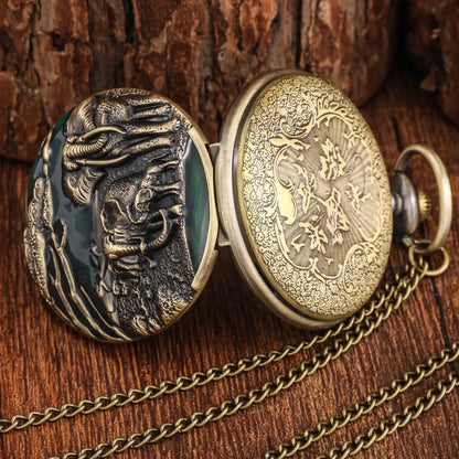 Vintage Elephant Engraved Bronze Quartz Pocket Watch Necklace