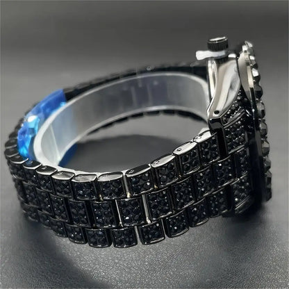 2024 MISSFOX Green Watch For Men Fashion Iced Out Quartz Clock Man Hip Hop Black Diamond Auto Date WristWatch Reloj Dropshipping