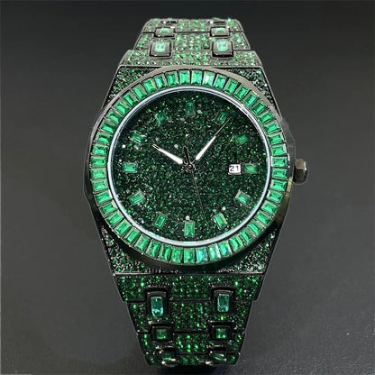 Luxury Men Watches Personalized Green Blingbling Full Diamond Quartz Watch Fashion Ice Out Male Wristwatch Best Sale For Gift